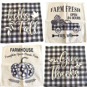 4 Hello Fall Black Buffalo Plaid Canvas Throw Pillow Covers Holiday Farmhouse